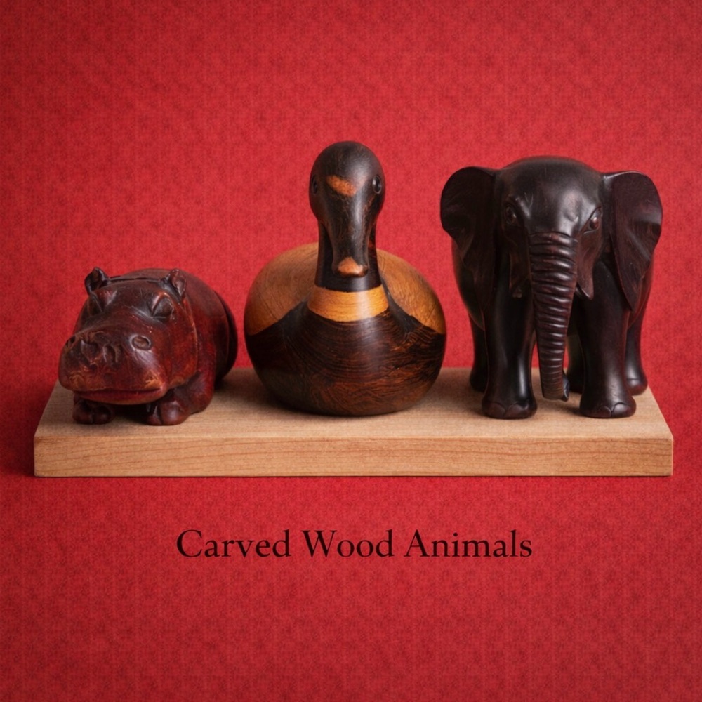 🌸🌺 Hand-Carved Wooden Animal Figurines – Duck, Elephant & Hippo Set - 7” and 4”